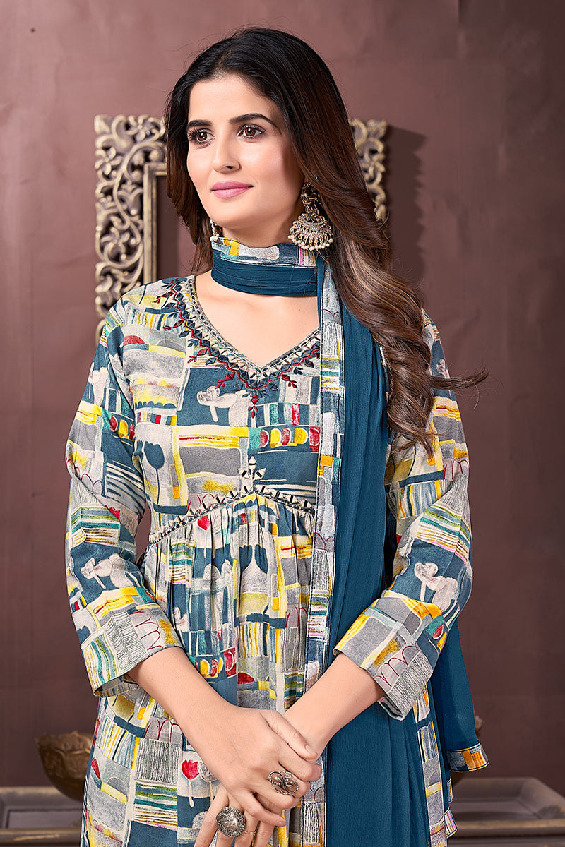 Monjolika Fashion Blue Rayon Printed Festival Wear Afghani Suit | Grocsy