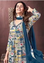 Monjolika Fashion Blue Rayon Printed Festival Wear Afghani Suit | Grocsy