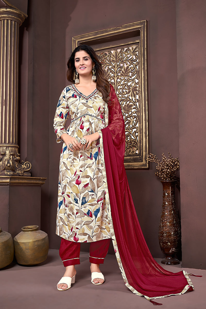 Monjolika Fashion Red Rayon Printed Festival Wear Afghani Suit | Grocsy