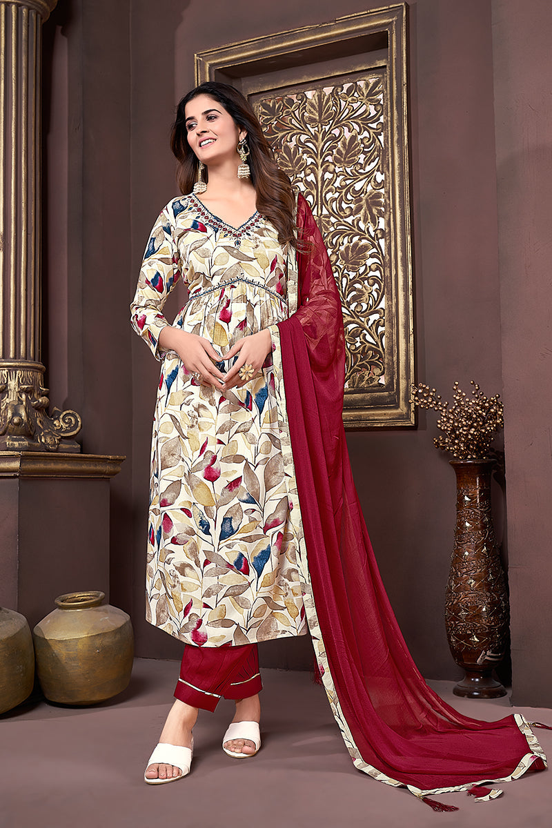 Monjolika Fashion Red Rayon Printed Festival Wear Afghani Suit | Grocsy