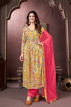 Monjolika Fashion Yellow And Pink Rayon Printed Festival Wear Afghani Suit | Grocsy