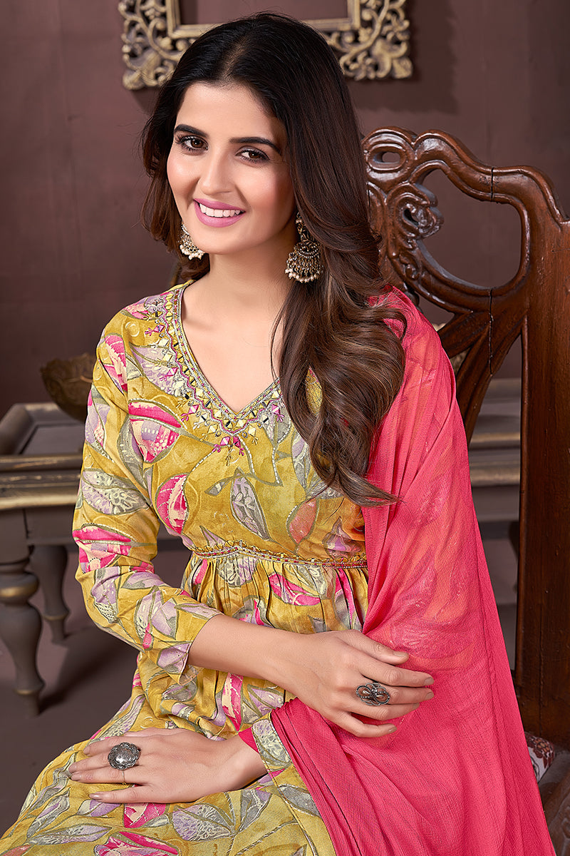 Monjolika Fashion Yellow And Pink Rayon Printed Festival Wear Afghani Suit | Grocsy