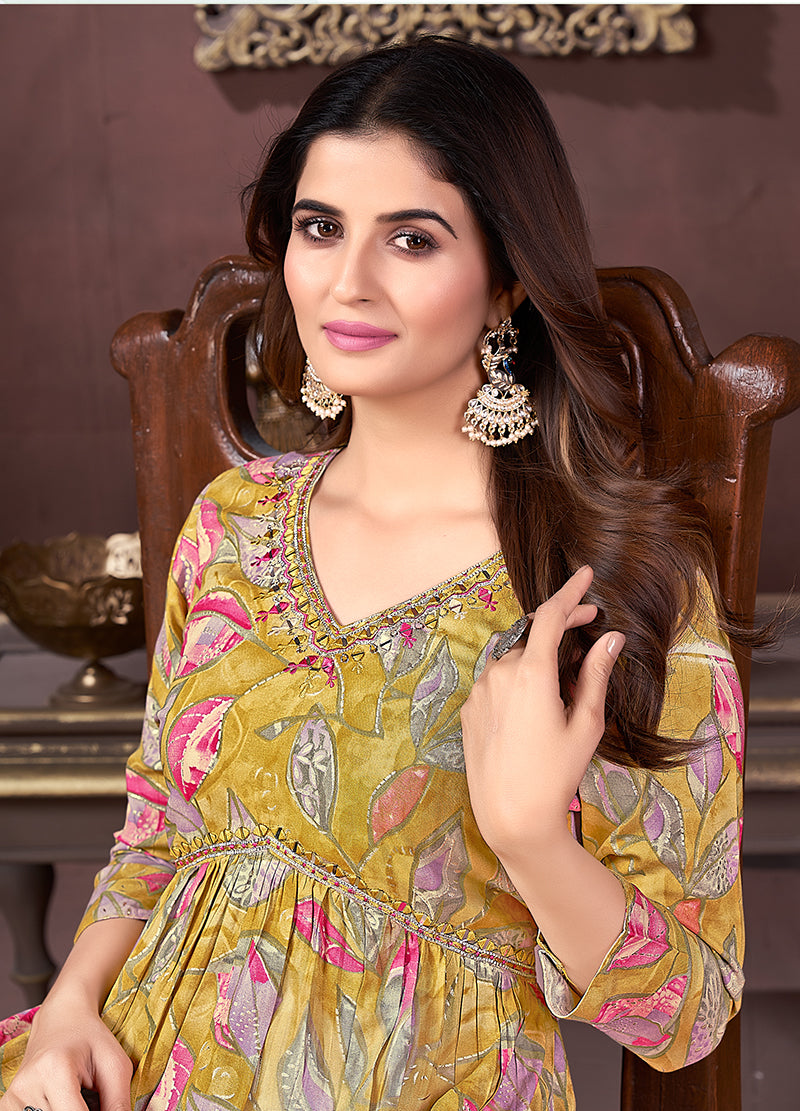 Monjolika Fashion Yellow And Pink Rayon Printed Festival Wear Afghani Suit | Grocsy