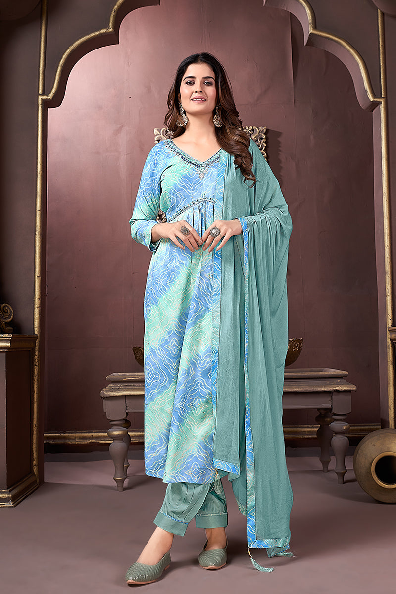 Monjolika Fashion Light Blue Rayon Printed Festival Wear Afghani Suit | Grocsy