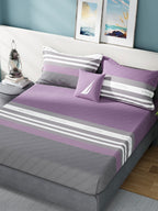 Nautica Bradford Purple & Grey Striped 160 TC Pure Cotton King Bedsheet & 2 Pillow Covers | Grocsy