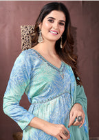 Monjolika Fashion Light Blue Rayon Printed Festival Wear Afghani Suit | Grocsy