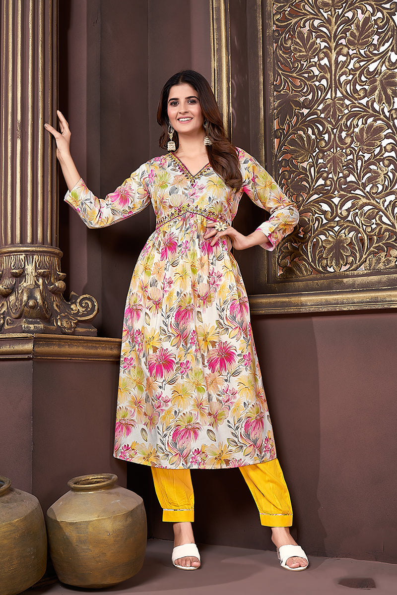 Monjolika Fashion Yellow Rayon Printed Festival Wear Afghani Suit | Grocsy