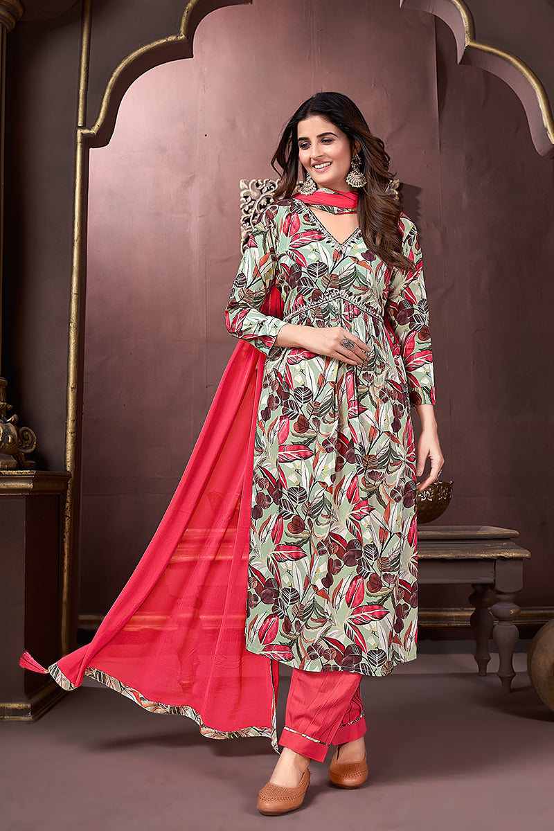 Monjolika Fashion Red Rayon Printed Festival Wear Afghani Suit | Grocsy