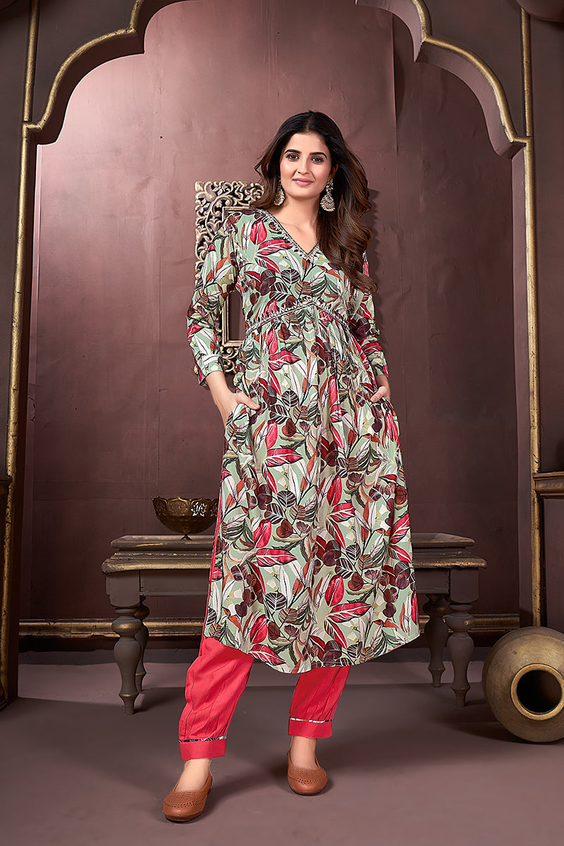 Monjolika Fashion Red Rayon Printed Festival Wear Afghani Suit | Grocsy