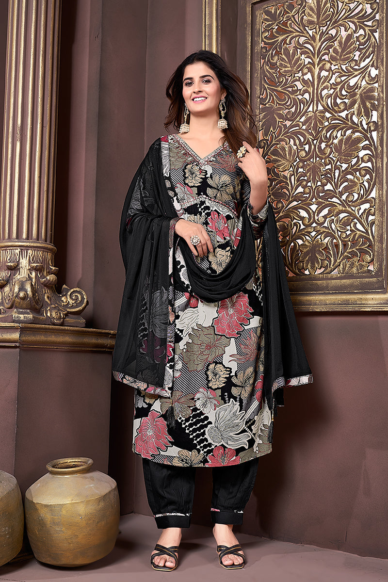 Monjolika Fashion Black Rayon Printed Festival Wear Afghani Suit | Grocsy