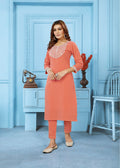 Monjolika Fashion Peach Rinkal Cotton With Embroidered Work Kurti With Pant | Grocsy