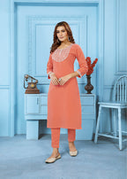 Monjolika Fashion Peach Rinkal Cotton With Embroidered Work Kurti With Pant | Grocsy