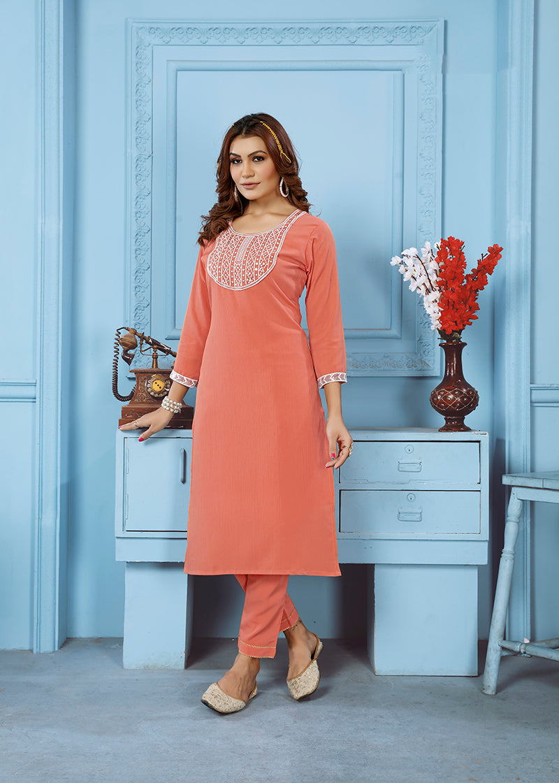 Monjolika Fashion Peach Rinkal Cotton With Embroidered Work Kurti With Pant | Grocsy