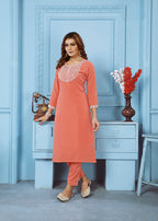 Monjolika Fashion Peach Rinkal Cotton With Embroidered Work Kurti With Pant | Grocsy