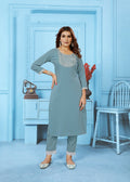 Monjolika Fashion Light Grey Rinkal Cotton With Embroidered Work Kurti With Pant | Grocsy