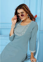 Monjolika Fashion Light Grey Rinkal Cotton With Embroidered Work Kurti With Pant | Grocsy