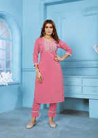 Monjolika Fashion Rose Pink Rinkal Cotton With Embroidered Work Kurti With Pant | Grocsy