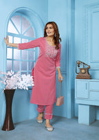 Monjolika Fashion Rose Pink Rinkal Cotton With Embroidered Work Kurti With Pant | Grocsy