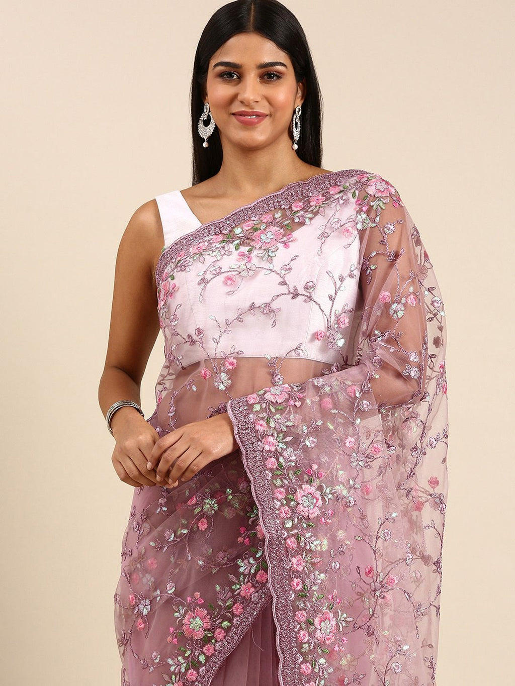 kasee Floral Embroidered Net Saree | Grocsy