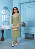 Monjolika Fashion Sage Green Rinkal Cotton With Embroidered Work Kurti With Pant | Grocsy