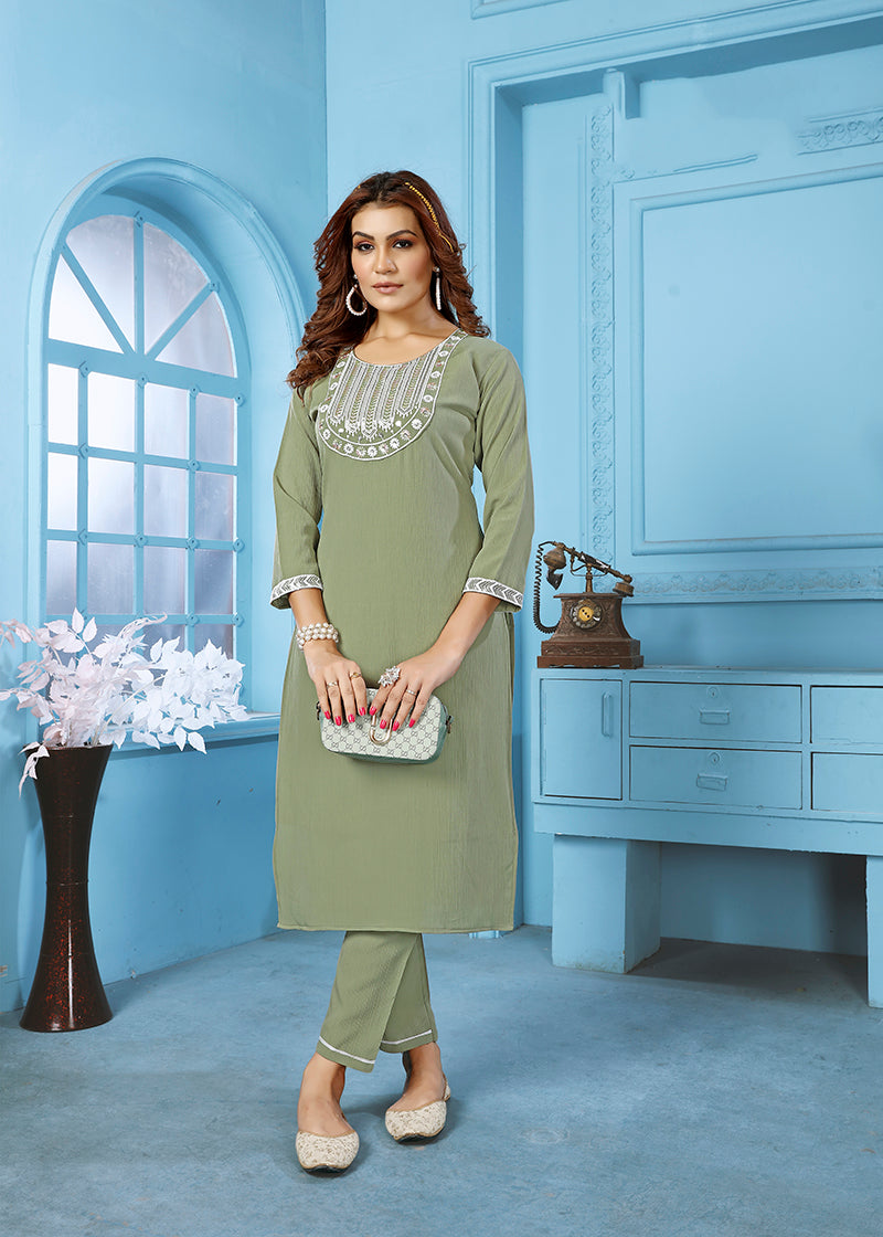 Monjolika Fashion Sage Green Rinkal Cotton With Embroidered Work Kurti With Pant | Grocsy