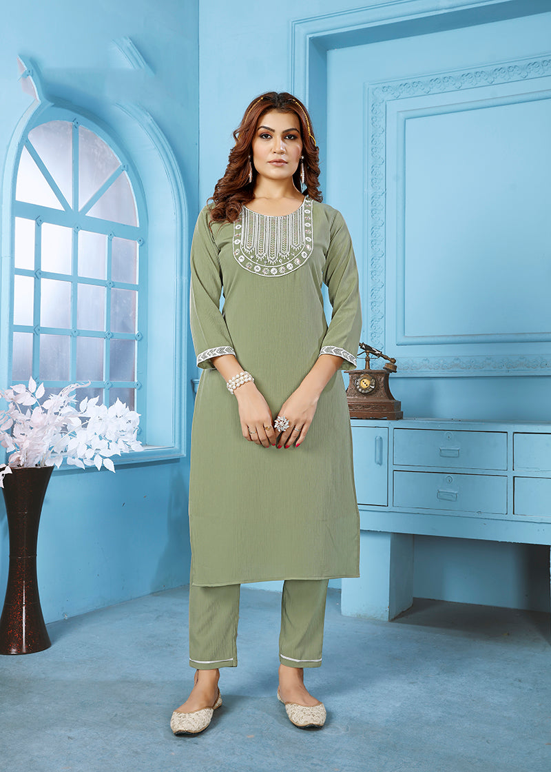 Monjolika Fashion Sage Green Rinkal Cotton With Embroidered Work Kurti With Pant | Grocsy