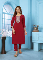 Monjolika Fashion Red Rinkal Cotton With Embroidered Work Kurti With Pant | Grocsy