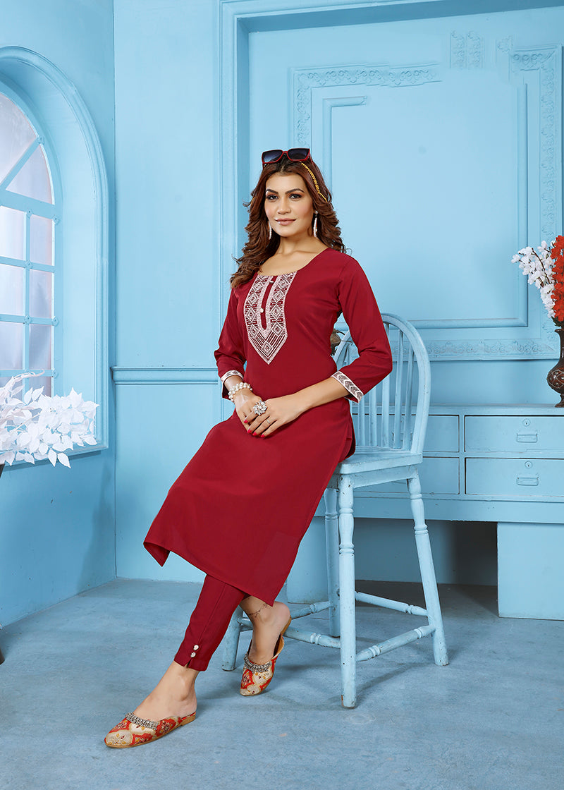 Monjolika Fashion Red Rinkal Cotton With Embroidered Work Kurti With Pant | Grocsy