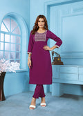 Monjolika Fashion Purple Rinkal Cotton With Embroidered Work Kurti With Pant | Grocsy