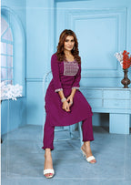 Monjolika Fashion Purple Rinkal Cotton With Embroidered Work Kurti With Pant | Grocsy