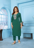 Monjolika Fashion Dark Green Rinkal Cotton With Embroidered Work Kurti With Pant | Grocsy