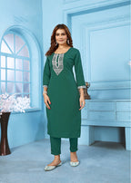 Monjolika Fashion Dark Green Rinkal Cotton With Embroidered Work Kurti With Pant | Grocsy