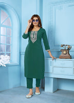 Monjolika Fashion Dark Green Rinkal Cotton With Embroidered Work Kurti With Pant | Grocsy