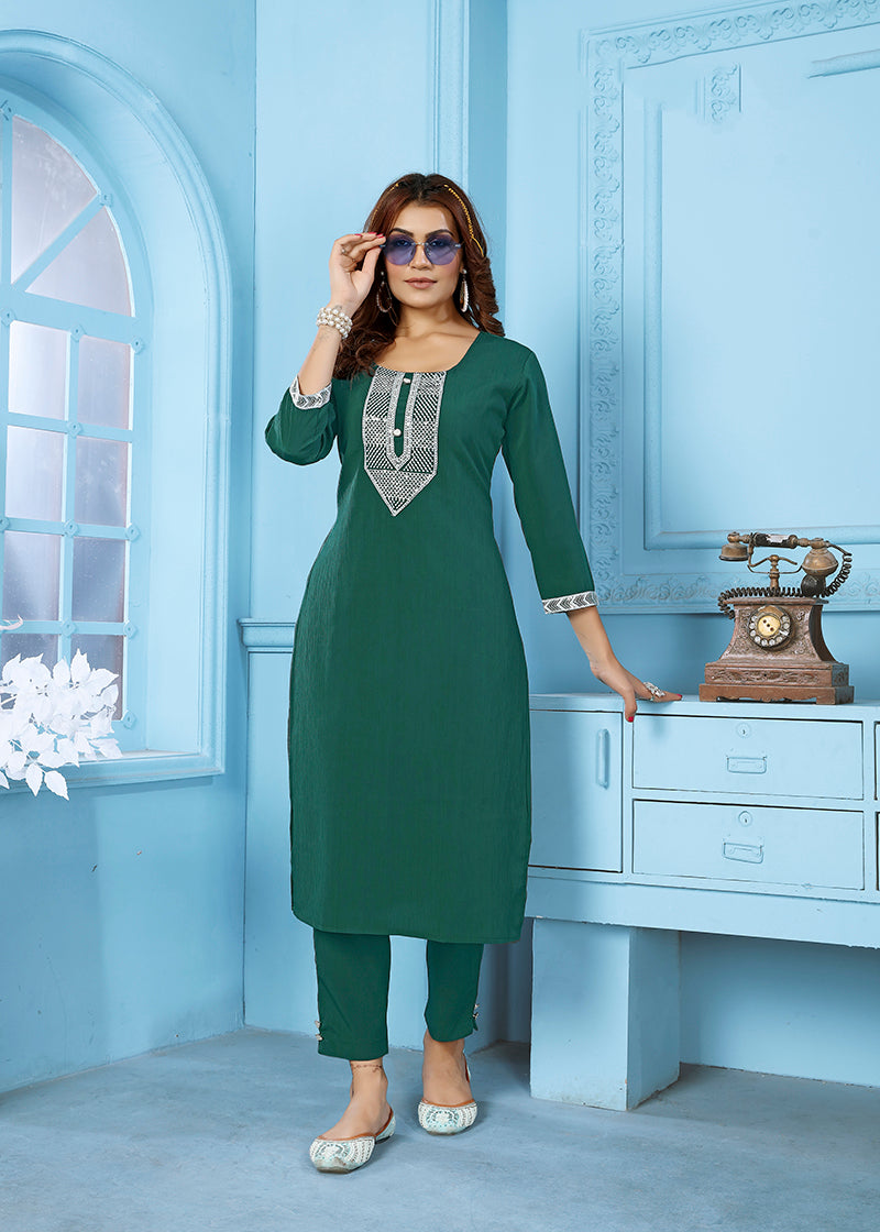 Monjolika Fashion Dark Green Rinkal Cotton With Embroidered Work Kurti With Pant | Grocsy