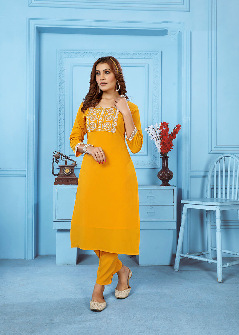 Monjolika Fashion Yellow Rinkal Cotton With Embroidered Work Kurti With Pant | Grocsy
