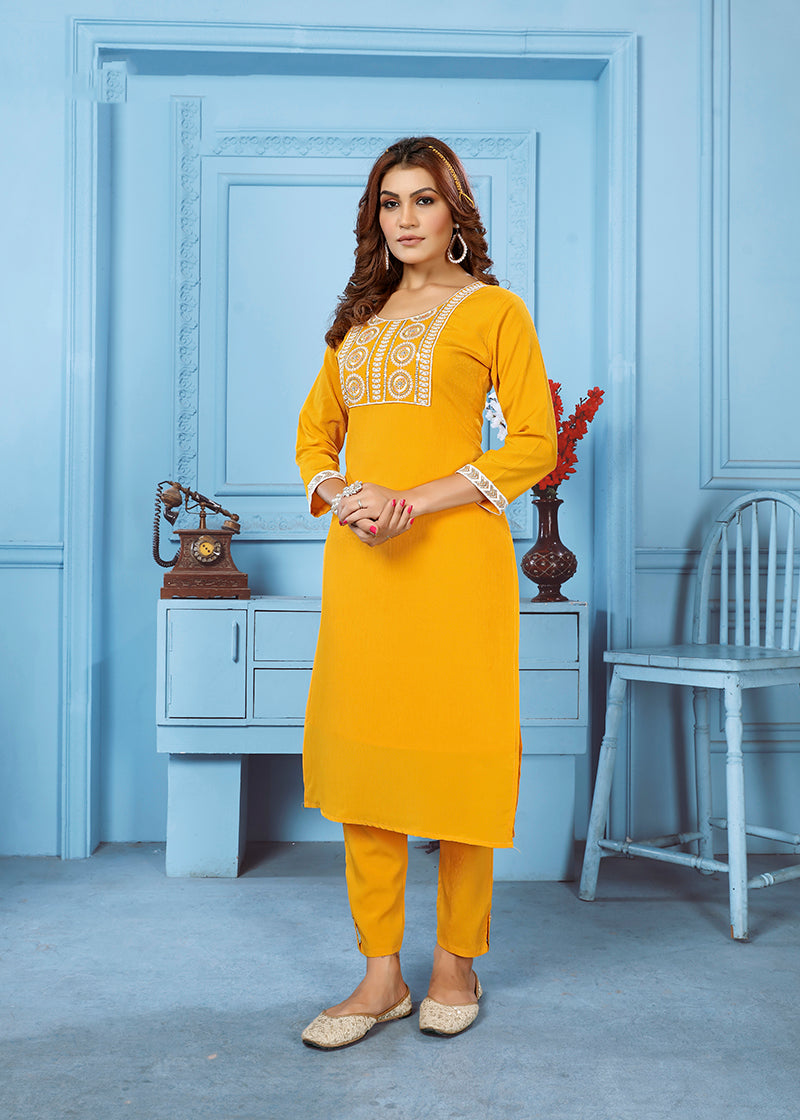 Monjolika Fashion Yellow Rinkal Cotton With Embroidered Work Kurti With Pant | Grocsy