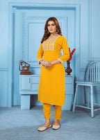 Monjolika Fashion Yellow Rinkal Cotton With Embroidered Work Kurti With Pant | Grocsy
