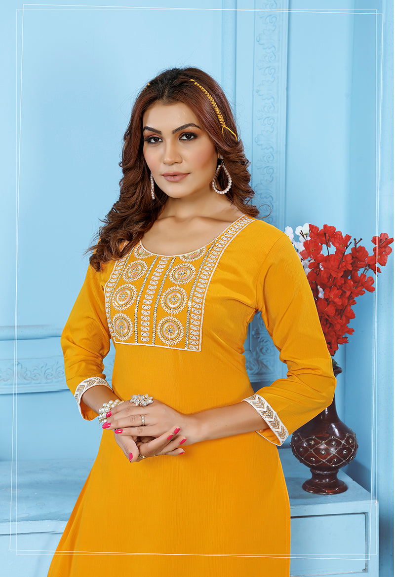 Monjolika Fashion Yellow Rinkal Cotton With Embroidered Work Kurti With Pant | Grocsy