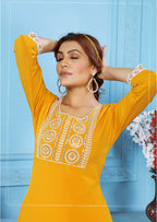 Monjolika Fashion Yellow Rinkal Cotton With Embroidered Work Kurti With Pant | Grocsy