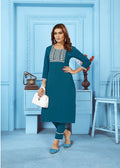 Monjolika Fashion Teal Blue Rinkal Cotton With Embroidered Work Kurti With Pant | Grocsy