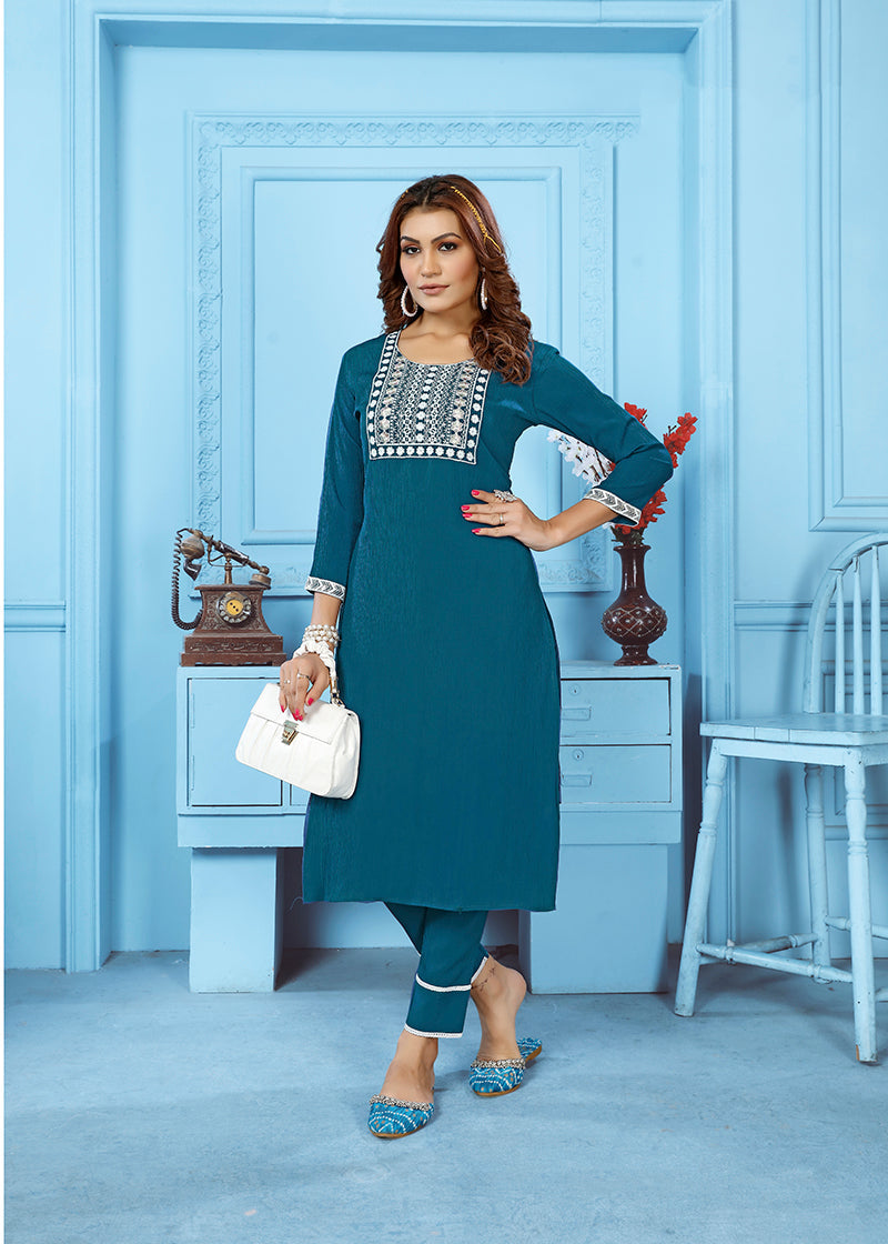 Monjolika Fashion Teal Blue Rinkal Cotton With Embroidered Work Kurti With Pant | Grocsy