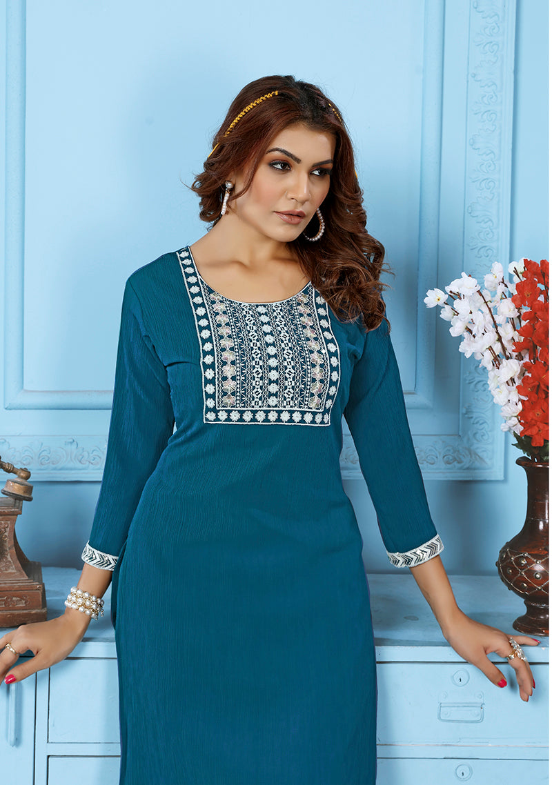 Monjolika Fashion Teal Blue Rinkal Cotton With Embroidered Work Kurti With Pant | Grocsy