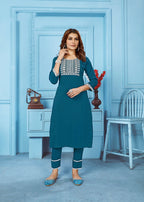 Monjolika Fashion Teal Blue Rinkal Cotton With Embroidered Work Kurti With Pant | Grocsy