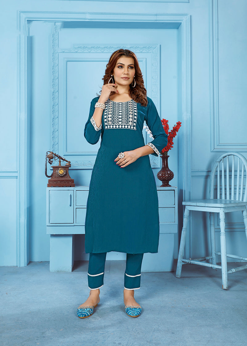 Monjolika Fashion Teal Blue Rinkal Cotton With Embroidered Work Kurti With Pant | Grocsy