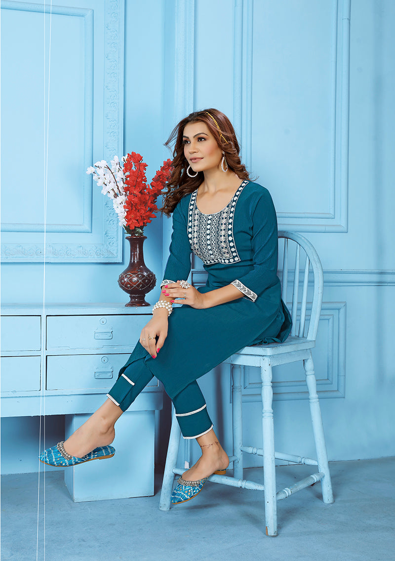 Monjolika Fashion Teal Blue Rinkal Cotton With Embroidered Work Kurti With Pant | Grocsy
