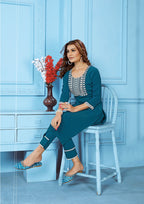 Monjolika Fashion Teal Blue Rinkal Cotton With Embroidered Work Kurti With Pant | Grocsy