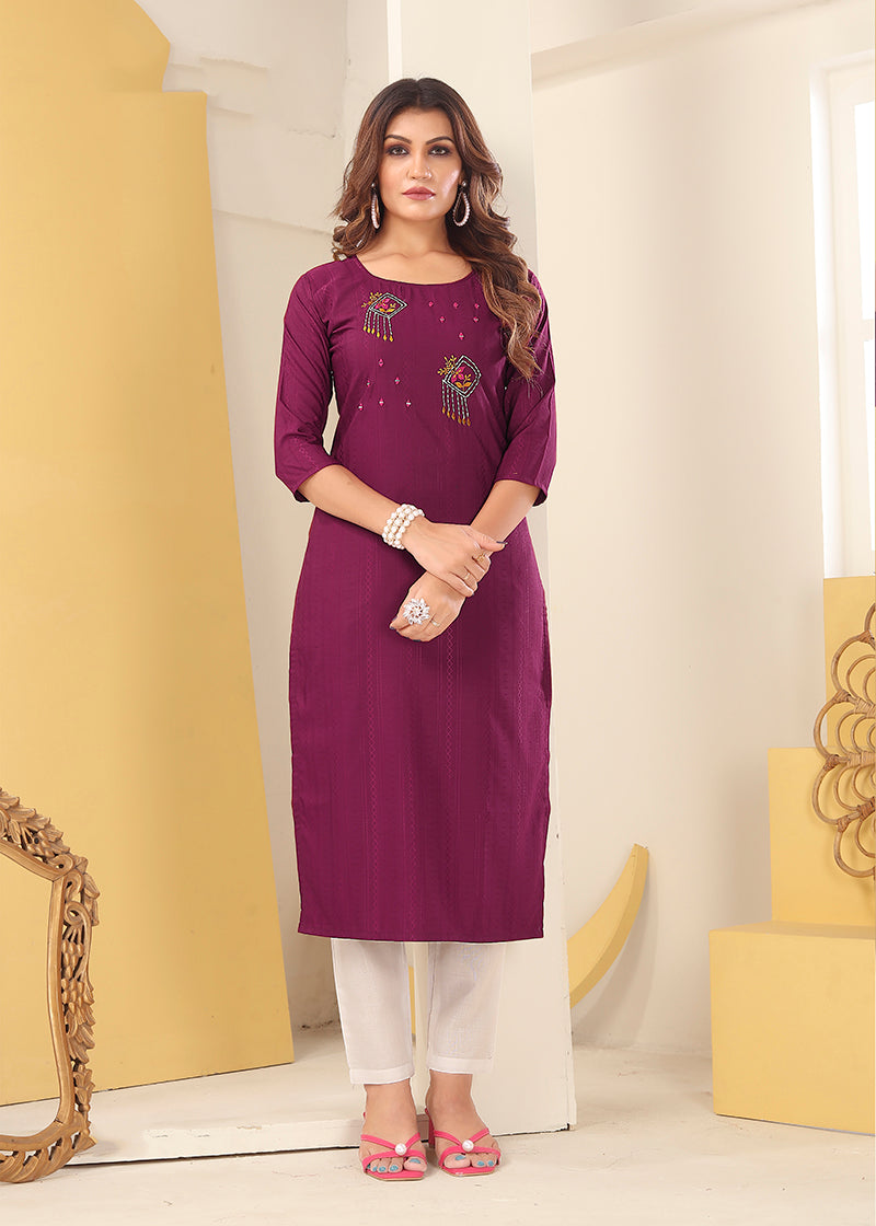 Monjolika Fashion Magenta Vision Silk With Handmade Embroidery Kurti | Grocsy