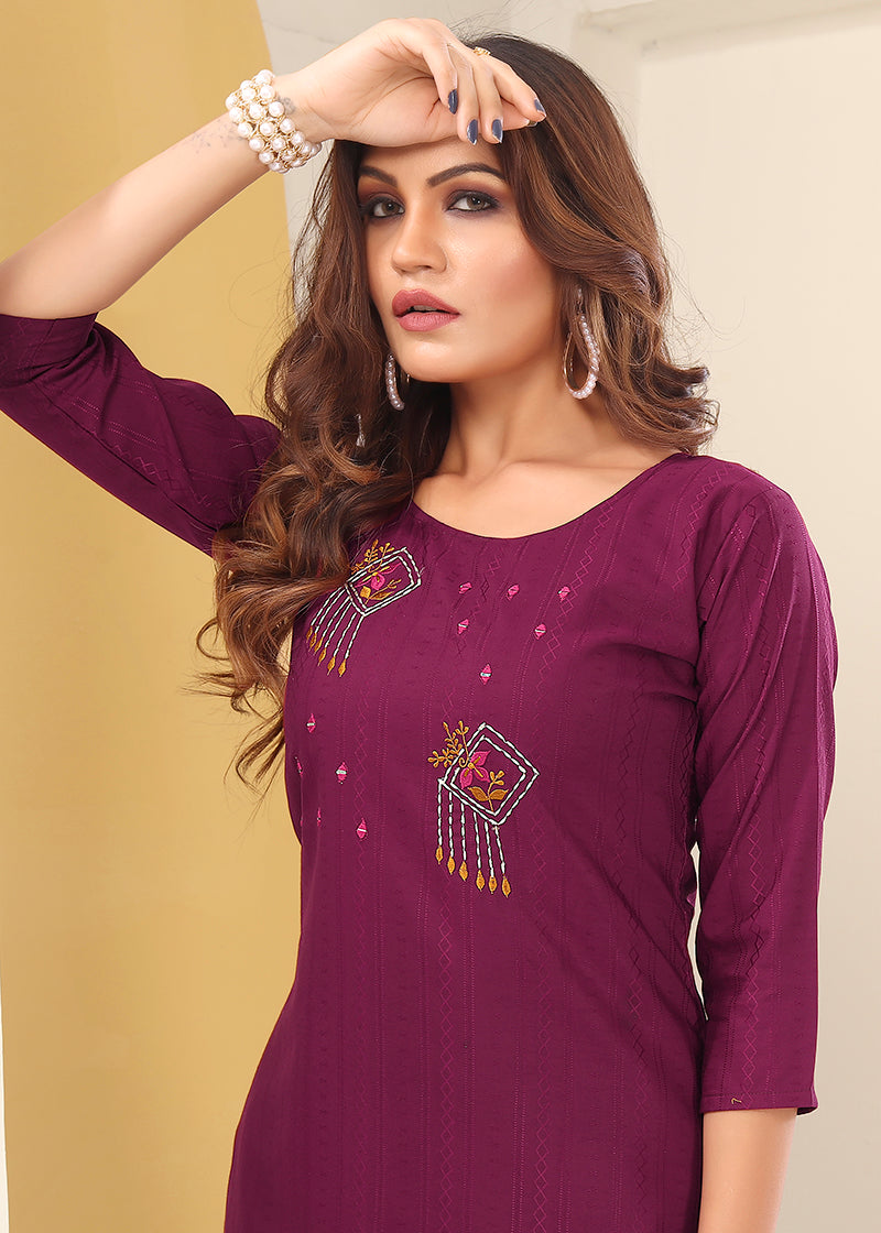 Monjolika Fashion Magenta Vision Silk With Handmade Embroidery Kurti | Grocsy