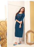 Monjolika Fashion Teal Blue Vision Silk With Handmade Embroidery Kurti | Grocsy