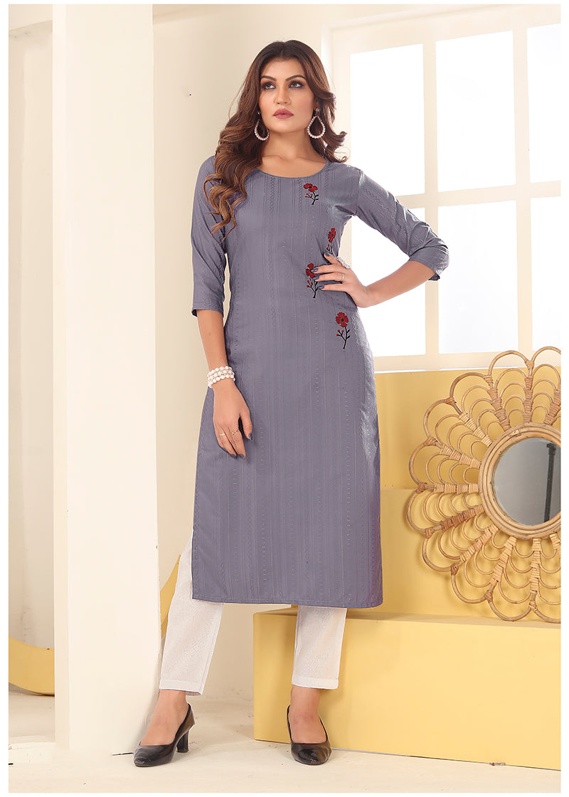 Monjolika Fashion Grey Vision Silk With Handmade Embroidery Kurti | Grocsy